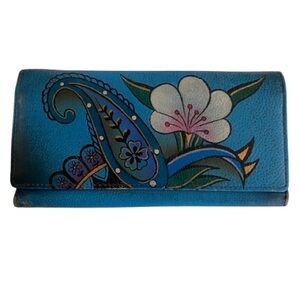 Anuschka Anna Tri Fold Blue Floral Paisley Women’s Wallet Hand Painted Leather